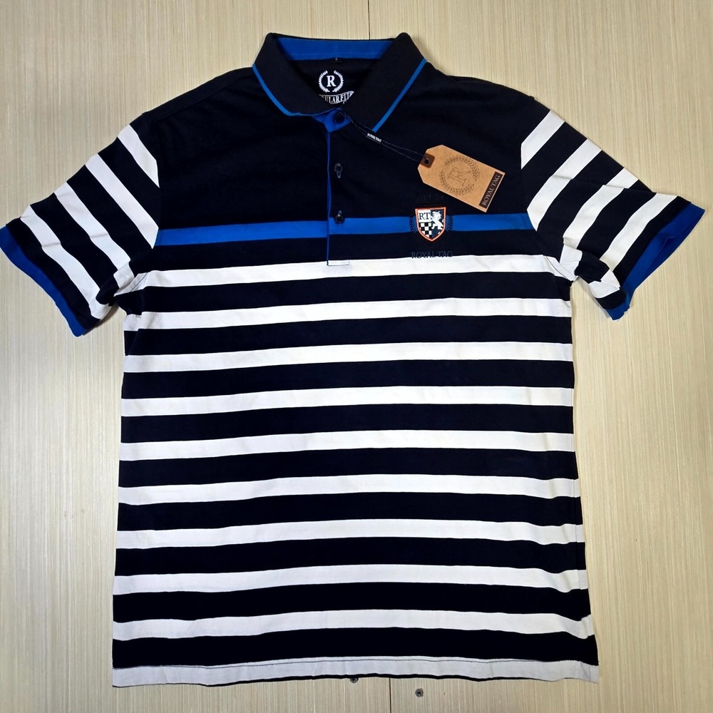 Royal Tag Polo Shirt Mens Large Blue Striped Short Sleeve Regular Fit Pullover‎